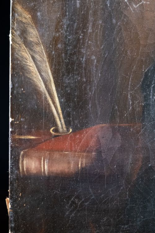 19TH CENTURY PORTRAIT OF YOUNG MAN BY DESK NAIVE SCHOOL OIL ON CANVAS - ADDITIONAL PHOTO 3