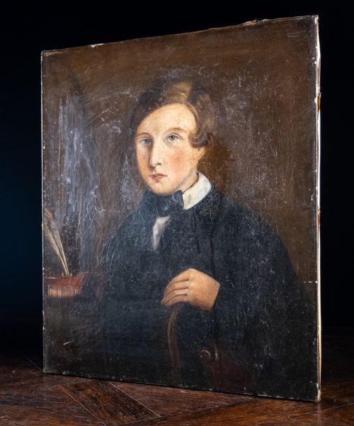 19TH CENTURY PORTRAIT OF YOUNG MAN BY DESK NAIVE SCHOOL OIL ON CANVAS - ADDITIONAL PHOTO 4