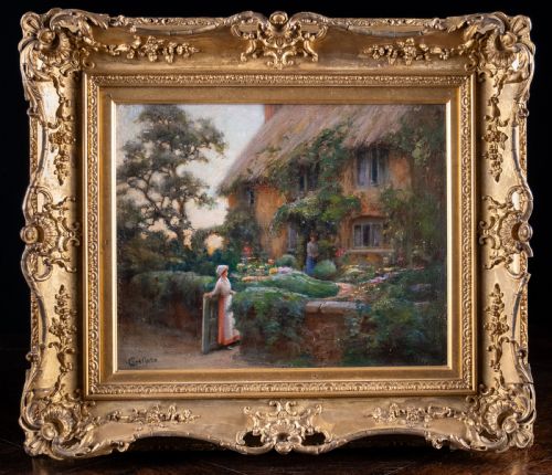 charles william norton c1870 1946 thatched cottage at twilight oil on canvas - CATEGORY: ANTIQUE ART - DATED 1920