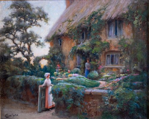 CHARLES WILLIAM NORTON C1870 1946 THATCHED COTTAGE AT TWILIGHT OIL ON CANVAS - ADDITIONAL PHOTO 1