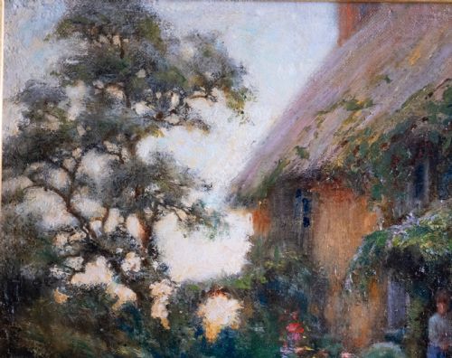 CHARLES WILLIAM NORTON C1870 1946 THATCHED COTTAGE AT TWILIGHT OIL ON CANVAS - ADDITIONAL PHOTO 3