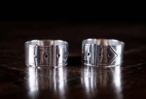 CASED PAIR SILVER BELT BUCKLE NAPKIN RINGS BY JAMES DIXON SONS 1894 - ADDITIONAL PHOTO 3