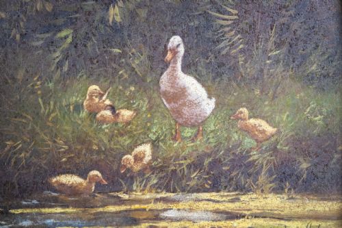 CONSTANT DAVID LUDOVIC ARTZ 18701951 DUCKS BY A POND OIL ON BOARD - ADDITIONAL PHOTO 1