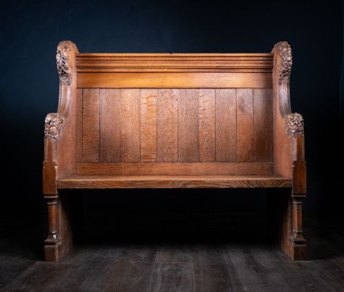 19th century golden oak foliate church pew settle - CATEGORY: ANTIQUE FURNITURE - DATED 1900