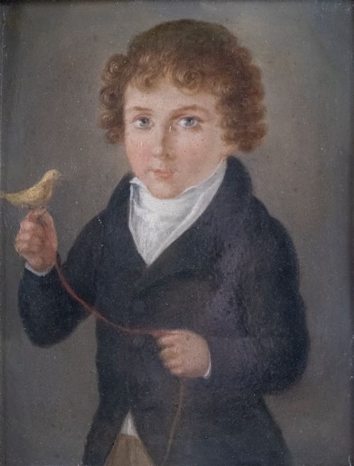 EARLY 19TH CENTURY BOY WITH BIRD AMERICAN SCHOOL OIL ON TIN - ADDITIONAL PHOTO 1