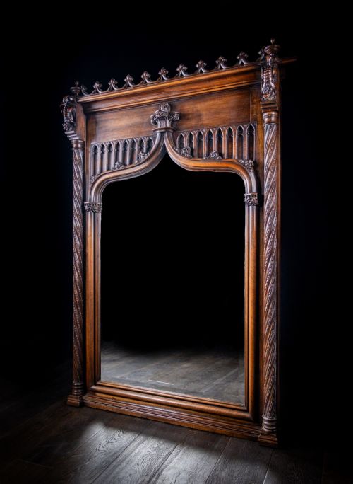 large gothic walnut overmantel mirror c1880 - CATEGORY: ANTIQUE MIRRORS - DATED 19TH CENTURY