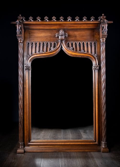 LARGE GOTHIC WALNUT OVERMANTEL MIRROR C1880 - ADDITIONAL PHOTO 1