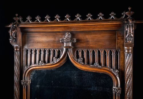 LARGE GOTHIC WALNUT OVERMANTEL MIRROR C1880 - ADDITIONAL PHOTO 2