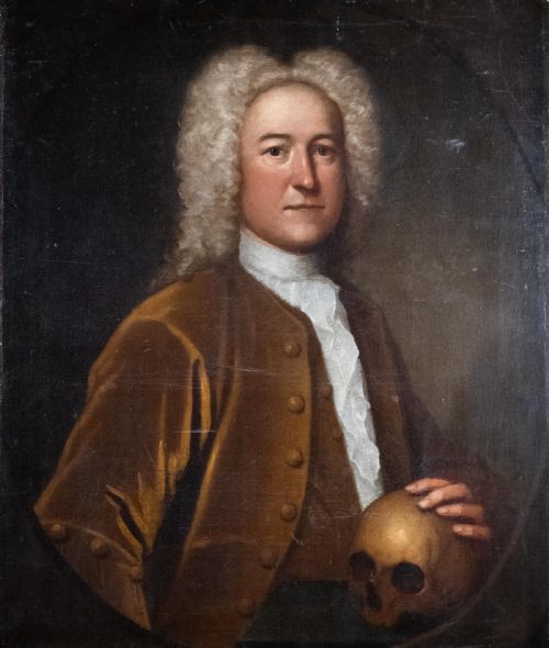 PORTRAIT OF A GENTLEMAN HOLDING A SKULL C1720