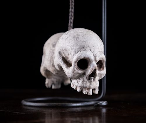 fig 2. A pair of small carved off-white skull sculptures suspended from a twisted metal chain attached to a black wrought iron stand.