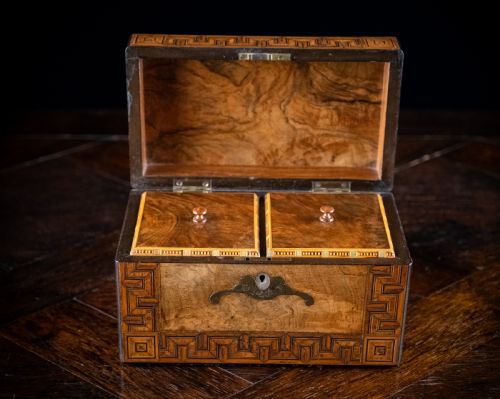 WALNUT PARQUETRY BRASS MOTHER OF PEARL INLAID TEA CADDY C1880 - ADDITIONAL PHOTO 7