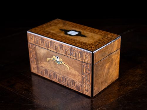 WALNUT PARQUETRY BRASS MOTHER OF PEARL INLAID TEA CADDY C1880 - ADDITIONAL PHOTO 12