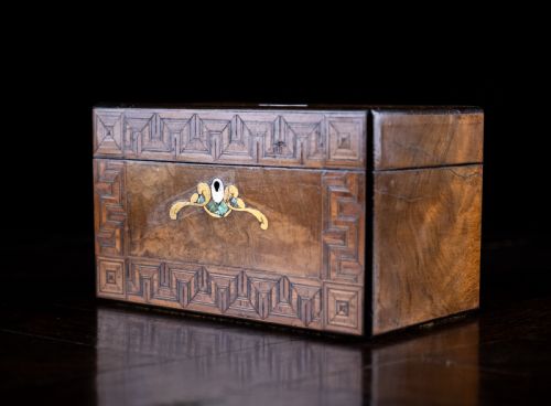 WALNUT PARQUETRY BRASS MOTHER OF PEARL INLAID TEA CADDY C1880 - ADDITIONAL PHOTO 13