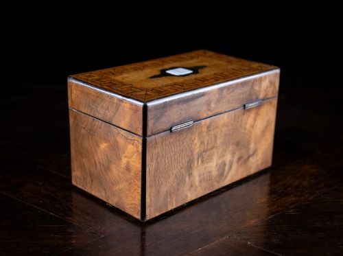 WALNUT PARQUETRY BRASS MOTHER OF PEARL INLAID TEA CADDY C1880 - ADDITIONAL PHOTO 16