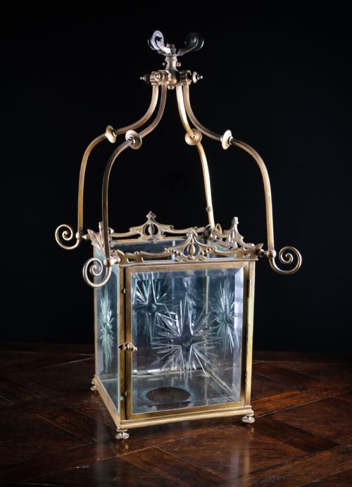 LARGE BRASS CUT GLASS HALL LANTERN C1910 - ADDITIONAL PHOTO 1