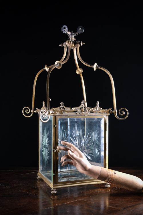 LARGE BRASS CUT GLASS HALL LANTERN C1910