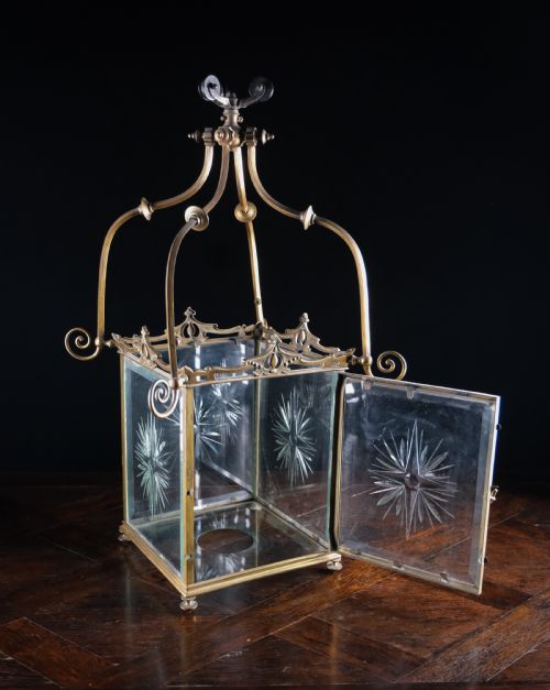 LARGE BRASS CUT GLASS HALL LANTERN C1910 - ADDITIONAL PHOTO 2
