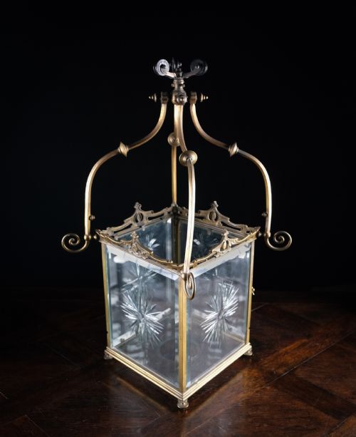 LARGE BRASS CUT GLASS HALL LANTERN C1910 - ADDITIONAL PHOTO 11