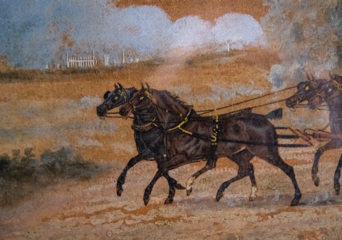 fig 1. A framed 19th-century oil painting on board depicting a horse-drawn stagecoach travelling along a rural dirt road past figures and a cottage under a cloudy sky.