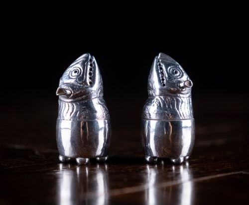 Novelty Silver Grotesque Pepper Pots by Frederick Brasted, London, 1880.