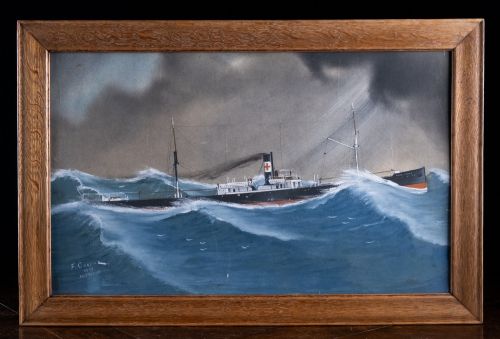 F. Corpuz (Fl.1909) - Blue Cross Steamer in a Storm. Gouache on Board.