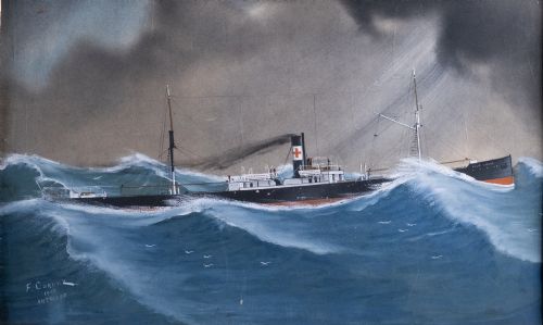 fig 1. An Edwardian gouache painting depicting a steamship navigating rough blue ocean waves under a dark, stormy sky, encased in a plain oak frame.