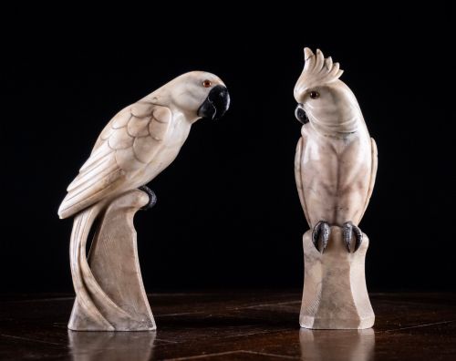 Carved Alabaster Parrot & Cockatoo, C.1920