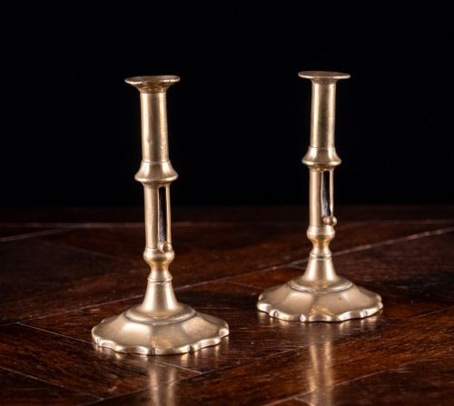 Pair of George II Scalloped Brass Candlesticks, C.1740