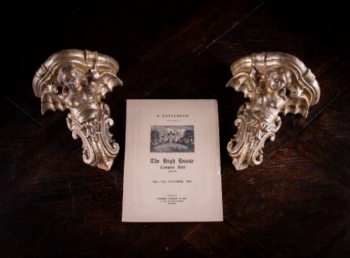 fig 9. A pair of late Victorian gilt terracotta wall brackets shaped as winged sirens with decorative acanthus scrollwork bases.