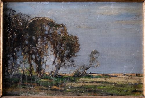 fig 2. An antique oil painting on board portraying a stand of trees in an open landscape within a moulded gilt wooden frame.