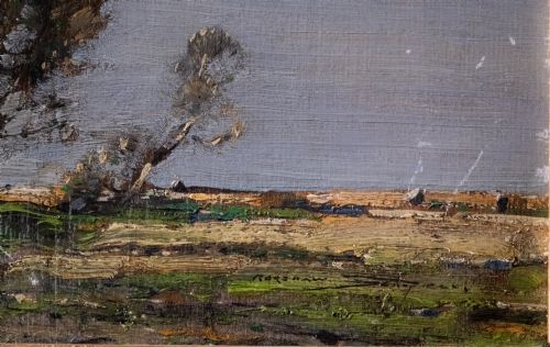 fig 3. An antique oil painting on board portraying a stand of trees in an open landscape within a moulded gilt wooden frame.