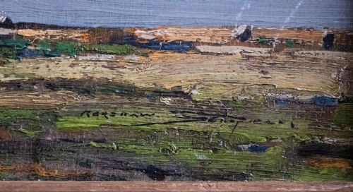 fig 4. An antique oil painting on board portraying a stand of trees in an open landscape within a moulded gilt wooden frame.
