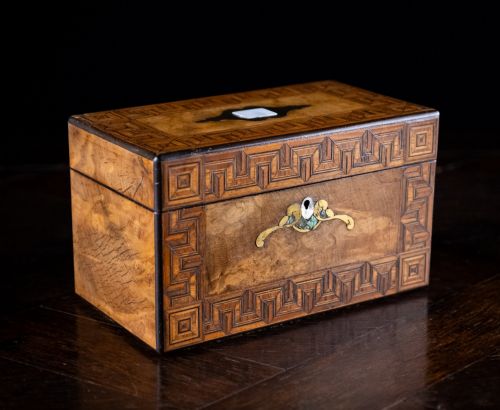 Walnut Parquetry, Brass & Mother of Pearl Inlaid Tea Caddy, C.1880