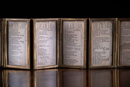 fig 1. A Victorian six-panel folding brass frame holding a miniature 1878 printed London almanac.