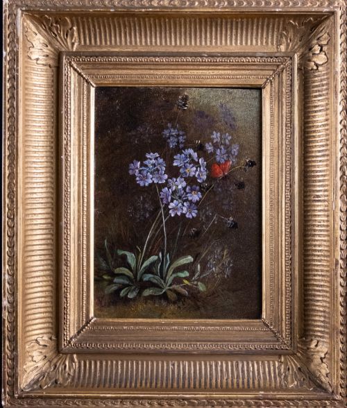 19th Century Still Life of Butterfly & Flowers. Oil on Canvas.