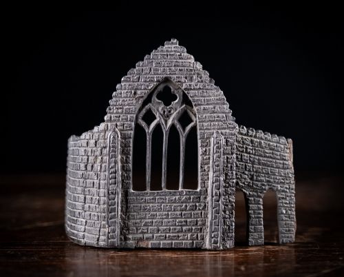 Rare Irish Bog Oak Miniature Gothic Architectural Ruin, C.1860