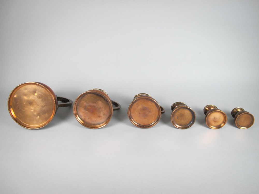 Six Graduated Vintage Copper Imperial Measuring Jugs. View X
