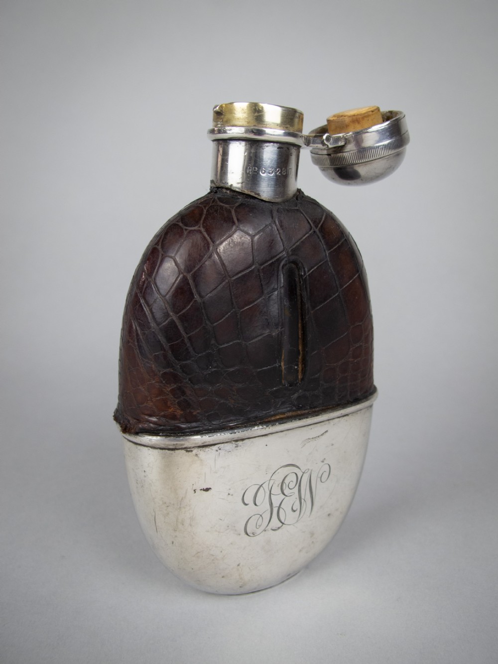 George V Silver & Crocodile Leather Hip Flask by E A Jacob, London, 1914. View II