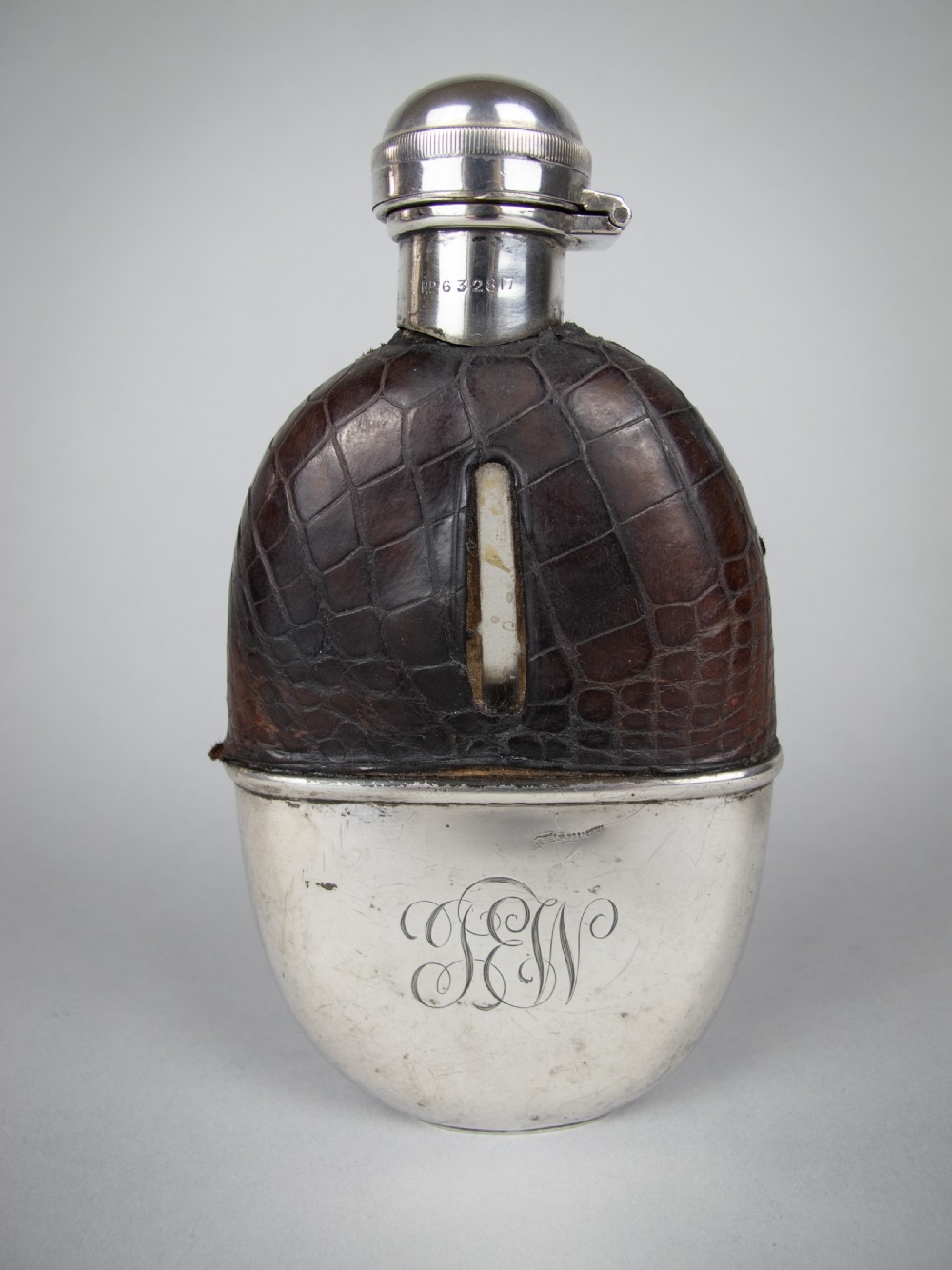 George V Silver & Crocodile Leather Hip Flask by E A Jacob, London, 1914.