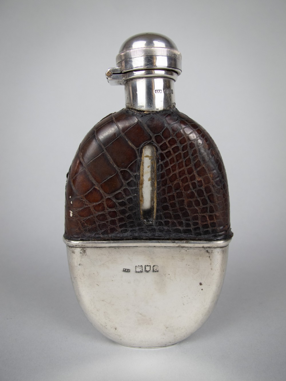 George V Silver & Crocodile Leather Hip Flask by E A Jacob, London, 1914. View IV
