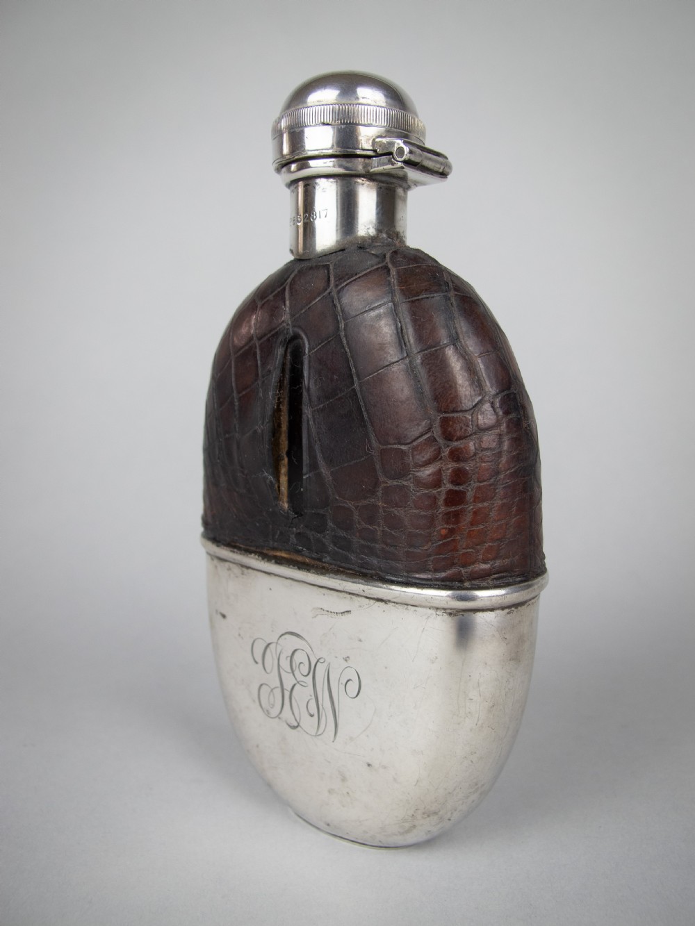 George V Silver & Crocodile Leather Hip Flask by E A Jacob, London, 1914. View V