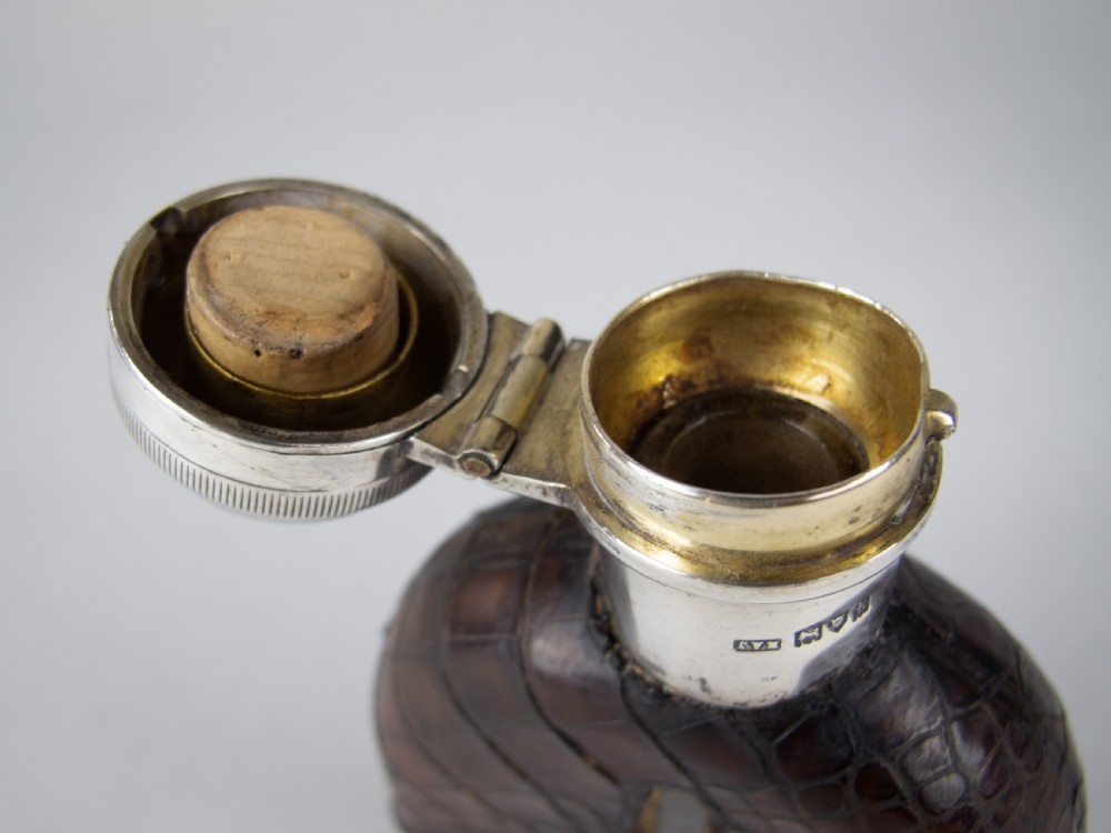 George V Silver & Crocodile Leather Hip Flask by E A Jacob, London, 1914. View XI
