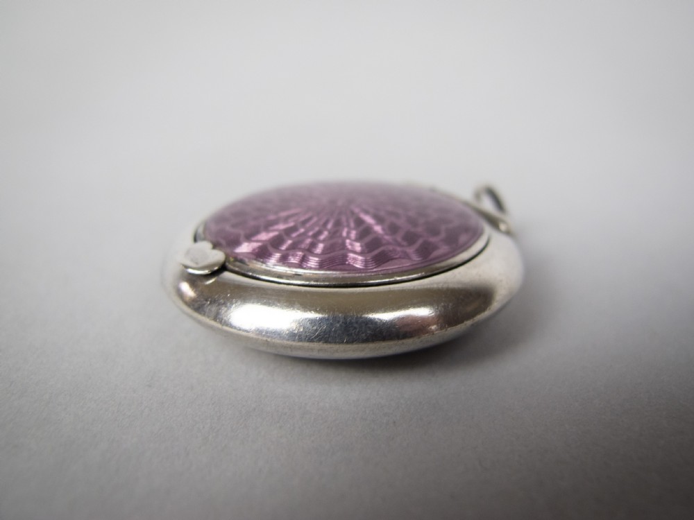 Sterling Silver & Lilac Guilloche Enamel Mirror Compact by Crisford & Norris, 1921. View V