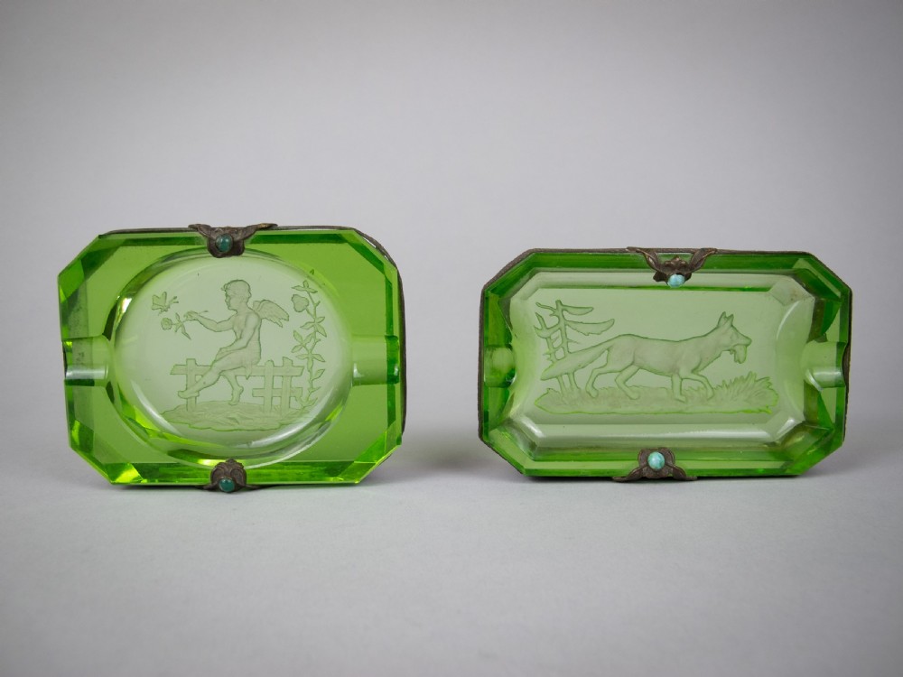 Near Pair of Czech Green Intaglio Dishes With Brass Filigree and Jewel Detail.