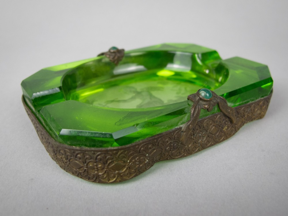 Near Pair of Czech Green Intaglio Dishes With Brass Filigree and Jewel Detail. View II