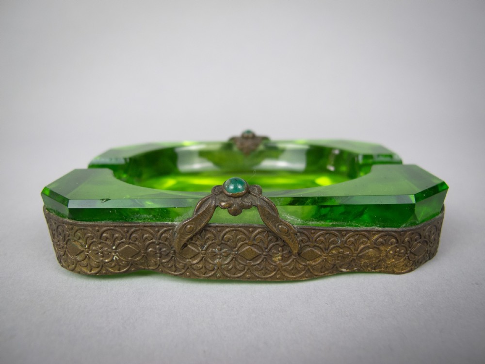 Near Pair of Czech Green Intaglio Dishes With Brass Filigree and Jewel Detail. View III