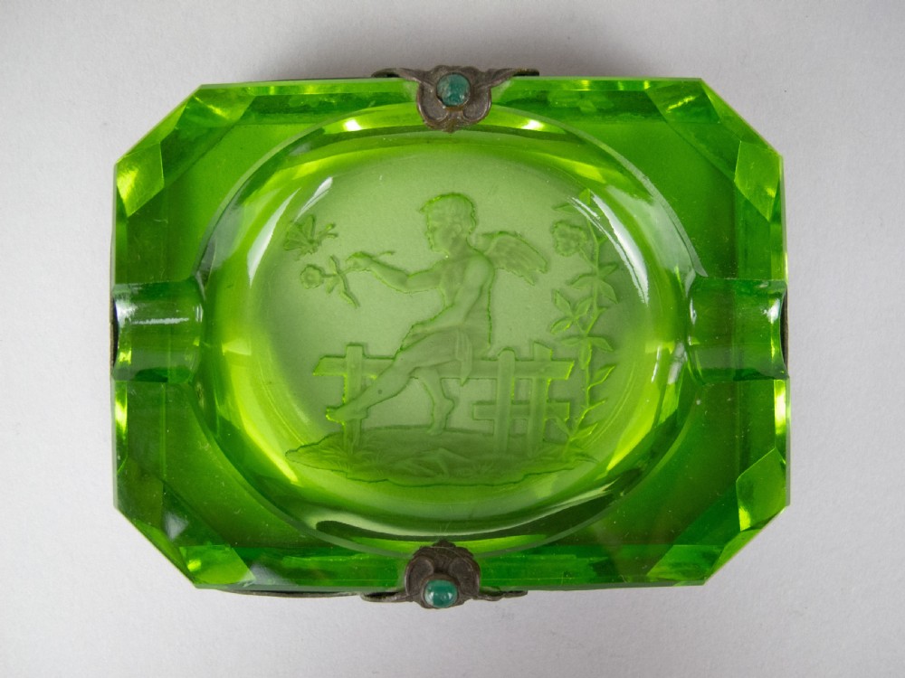 Near Pair of Czech Green Intaglio Dishes With Brass Filigree and Jewel Detail. View IV