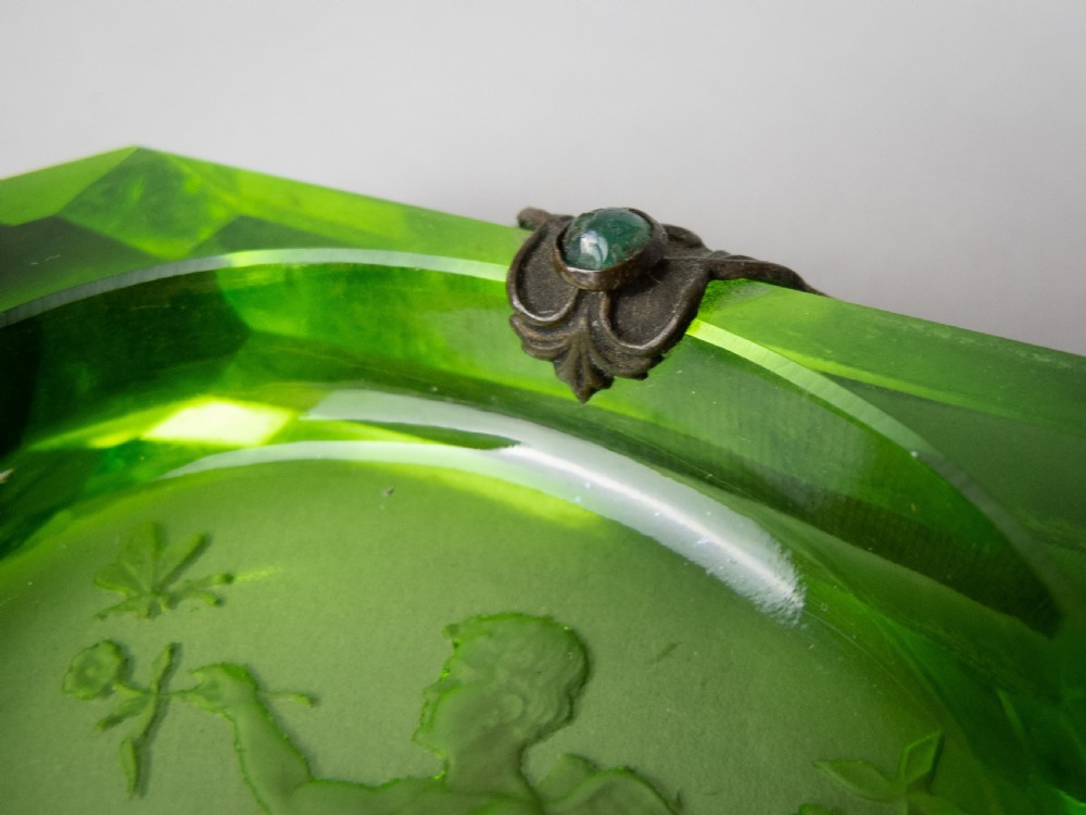 Near Pair of Czech Green Intaglio Dishes With Brass Filigree and Jewel Detail. View V