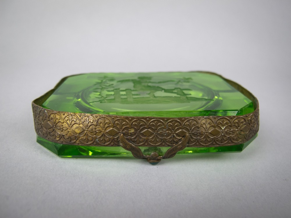 Near Pair of Czech Green Intaglio Dishes With Brass Filigree and Jewel Detail. View VI