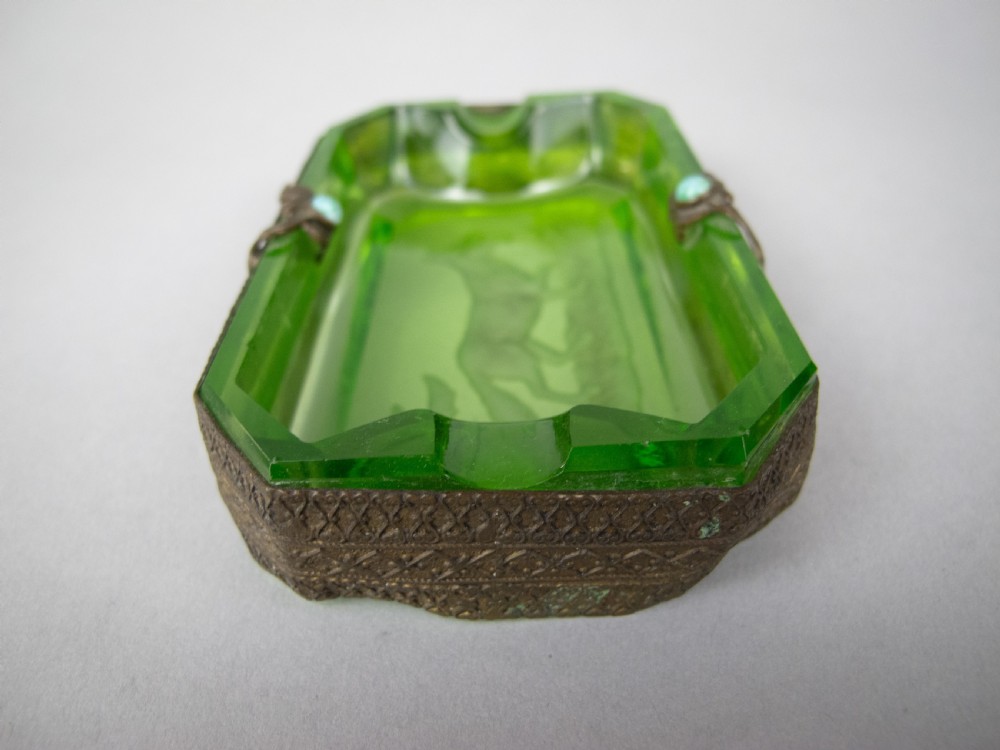 Near Pair of Czech Green Intaglio Dishes With Brass Filigree and Jewel Detail. View VII